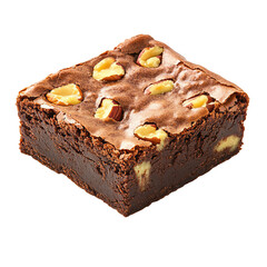 Delicious chocolate brownie with nuts, freshly baked and perfectly moist, isolated on a transparent or white background.