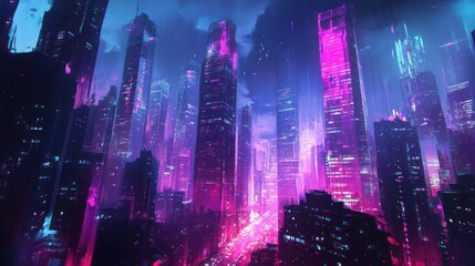 Wall Mural - A Nighttime View of a Futuristic City With Neon Lights and Rain