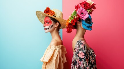 Two women in traditional makeup and floral hats, back-to-back, on colorful split background