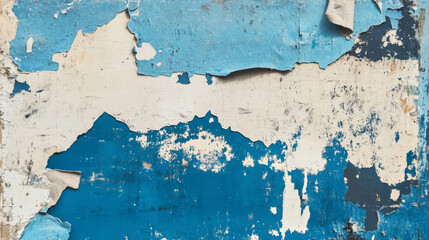 A weathered poster with torn patches revealing blue paper underneath. The edges are jagged and frayed, with peeling corners and visible dirt stains adding a raw, grunge aesthetic.