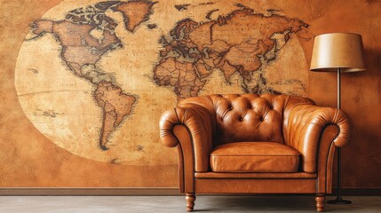 Study with a leather armchair, floor lamp, vintage map on the wall, soft reading light