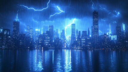 Thunderstorm over a city skyline, lightning flashing, skyscrapers silhouetted, dramatic dark lighting