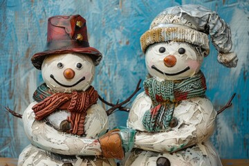 A snowman couple holding hands, their snow bodies adorned with winter accessories like scarves and hats