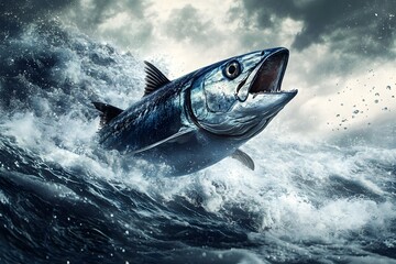 Isolated cartoon tuna fish swimming in blue ocean water