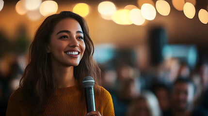 A charismatic individual stands confidently, microphone in hand, smiling warmly as they address a captivated audience in an inviting space filled with soft light