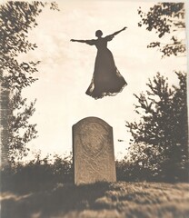 Woman in flowing dress levitating in forest creates magical, surreal narrative.