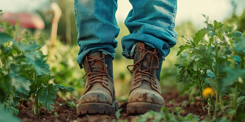 Industrious Farmer: A man or woman wearing work boots and overalls, standing amidst a garden or field.