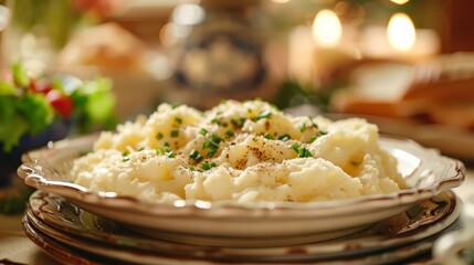 Poster - A plate of a bowl full of mashed potatoes with green onions .