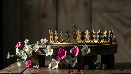 low key image of beautiful queen or king crown over wooden old table and falling flowers. fantasy medieval period isolated with white highlights, png