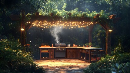 Outdoor kitchen beneath a pergola, grill smoke wafting, enveloped by greenery, string lights shimmering, digital painting, warm palette, detailed realism