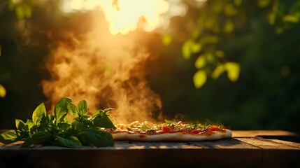 Outdoor pizza oven, rustic stone, vibrant herbs on wooden table, grill smoke rising, warm sunset light, digital painting, vintage style, earthy tones