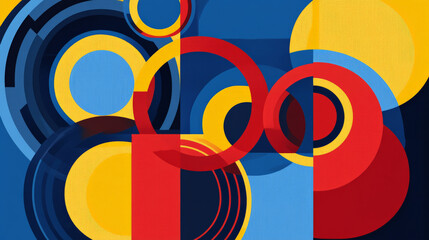 A flat geometric background featuring concentric circles and rectangles in bright primary colors