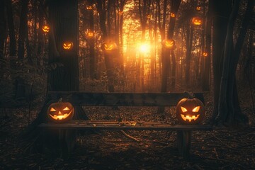 A bench in a forest with two pumpkins on it