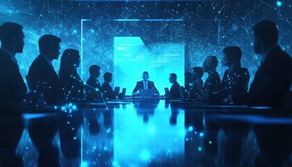 Fototapete - Silhouetted Businesspeople Surrounded by a Digital Network in a Blue-Lit Room