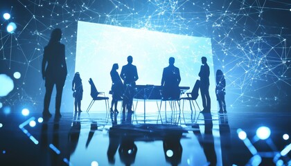 Poster - Silhouettes of Business People in a Modern Office with a Blue Glowing Background
