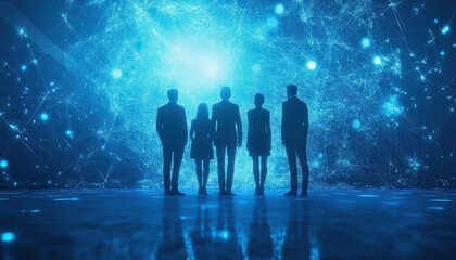 Poster - Silhouettes of People Standing Before a Blue Network Background