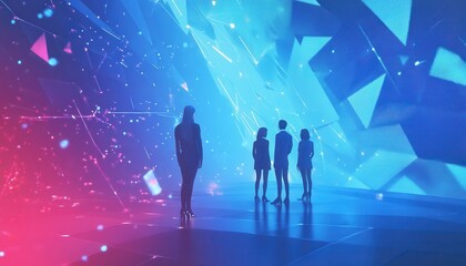 Wall Mural - Four Silhouettes Standing in a Futuristic, Glowing Space