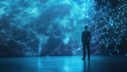 Aufkleber - A Businessman Contemplating a Digital Globe with Interconnected Networks