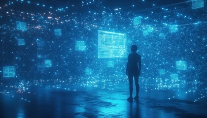 Poster - A Silhouette of a Woman Standing in a Futuristic Digital Space