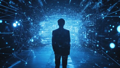 Poster - A Silhouette of a Person Standing in Front of a Blue, Geometric Background