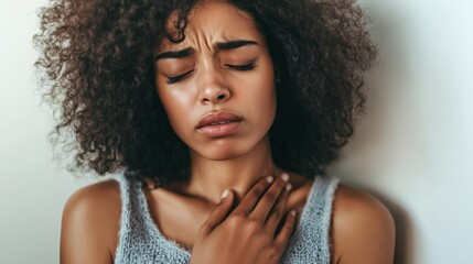 Woman clutching chest showing pain, distress, tension, discomfort. AI generated