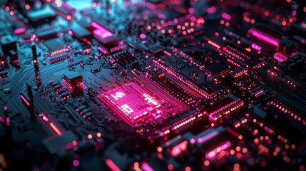 Close-up of glowing computer circuit board in pink and blue