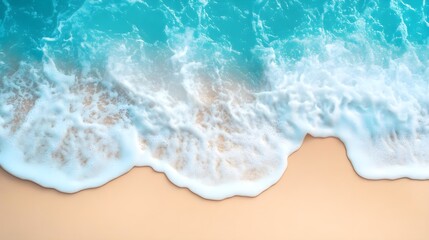 Aerial view of tranquil ocean waves gently lapping on a sandy beach, evoking a sense of relaxation and serenity.