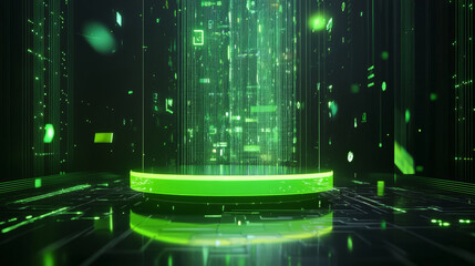 A modern display pedestal with a glowing green base and transparent surface, set in a digital environment with floating data streams and holographic shapes.