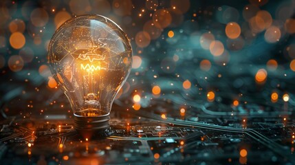 Wall Mural - Glowing light bulb on a circuit board with bokeh background