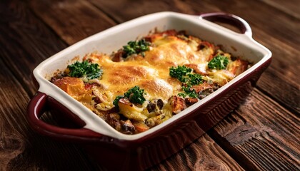 Rustic dinner casseroles with depth of field showcasing layered ingredients and rich flavors