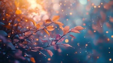 Wall Mural - dreamy autumn leaves with bokeh lights and sunlight in the background