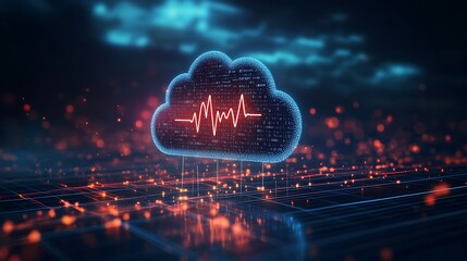 A cloud-shaped icon featuring a heart rate line, set on a digital background filled with data points, emphasizing the concept of secure electronic health information