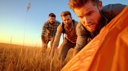 Poster - Three men are standing in a field with an orange tent, AI