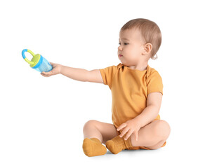 Poster - Cute baby with nibbler on white background