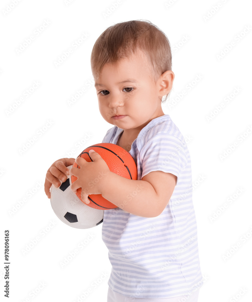 Cute baby with balls on white background