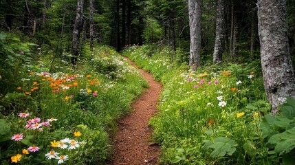 Wall Mural - A trail winds through a dense forest, leading to a hidden clearing where wildflowers bloom in abundance, their vibrant colors creating a stunning natural mosaic