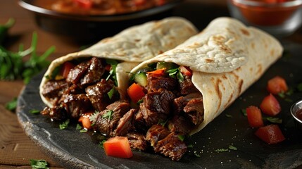 A close-up shot of a meat-filled tortilla wrap. This photo is perfect for food blogs, restaurant menus, and social media posts promoting your delicious dishes.