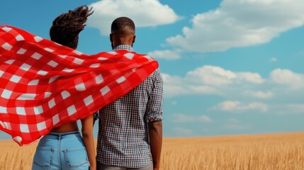 Poster - A man and woman standing in a field with red checkered blanket, AI