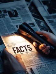 A flashlight illuminates the word 'facts' on a newspaper, symbolizing the search for truth amidst misinformation (2)