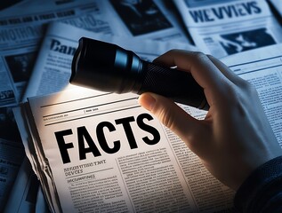 A flashlight illuminates the word 'facts' on a newspaper, symbolizing the search for truth amidst misinformation (2)