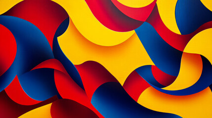 Wall Mural - A vibrant abstract design featuring bold geometrical shapes in red, yellow, and blue, intertwined with flowing wavy lines, creating a dynamic surface.