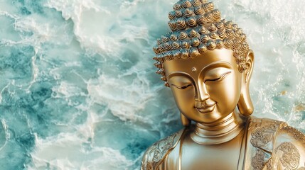 Wall Mural - Majestic golden Buddha statue with intricate decorations, standing gracefully on a luxurious white-light blue background for a peaceful look