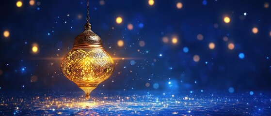 Wall Mural - Ornate Golden Lantern Hanging Against a Blue, Starry Sky