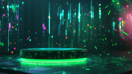 Wall Mural - An empty, high-tech product stand with a glowing green base and holographic effects, surrounded by a futuristic metaverse with vibrant digital particles and shapes.