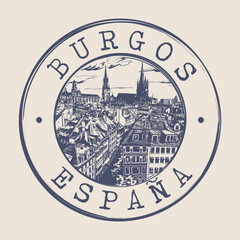 Sticker - Burgos, Spain Stamp City Postmark. Silhouette Postal Passport. Round Vector Icon. Vintage Postage Design.