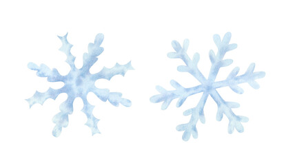 set of blue snowflake on isolated background. frozen crystal, symbol of winter. hand drawn watercolo