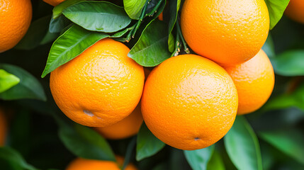 Wall Mural - Freshly Grown Oranges Hanging on a Branch in a Lush Orchard