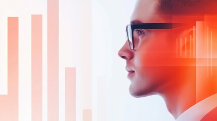 Wall Mural - A man in glasses looking at a chart with red and blue lines, AI