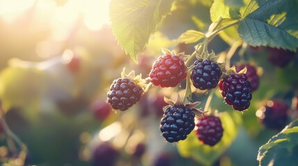 A close-up of ripe blackberries on a bush, with soft sunlight filtering through the leaves in the background.