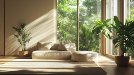 Wall Mural - Minimalist Living Room With Indoor Plants And Large Windows Allowing Natural Light